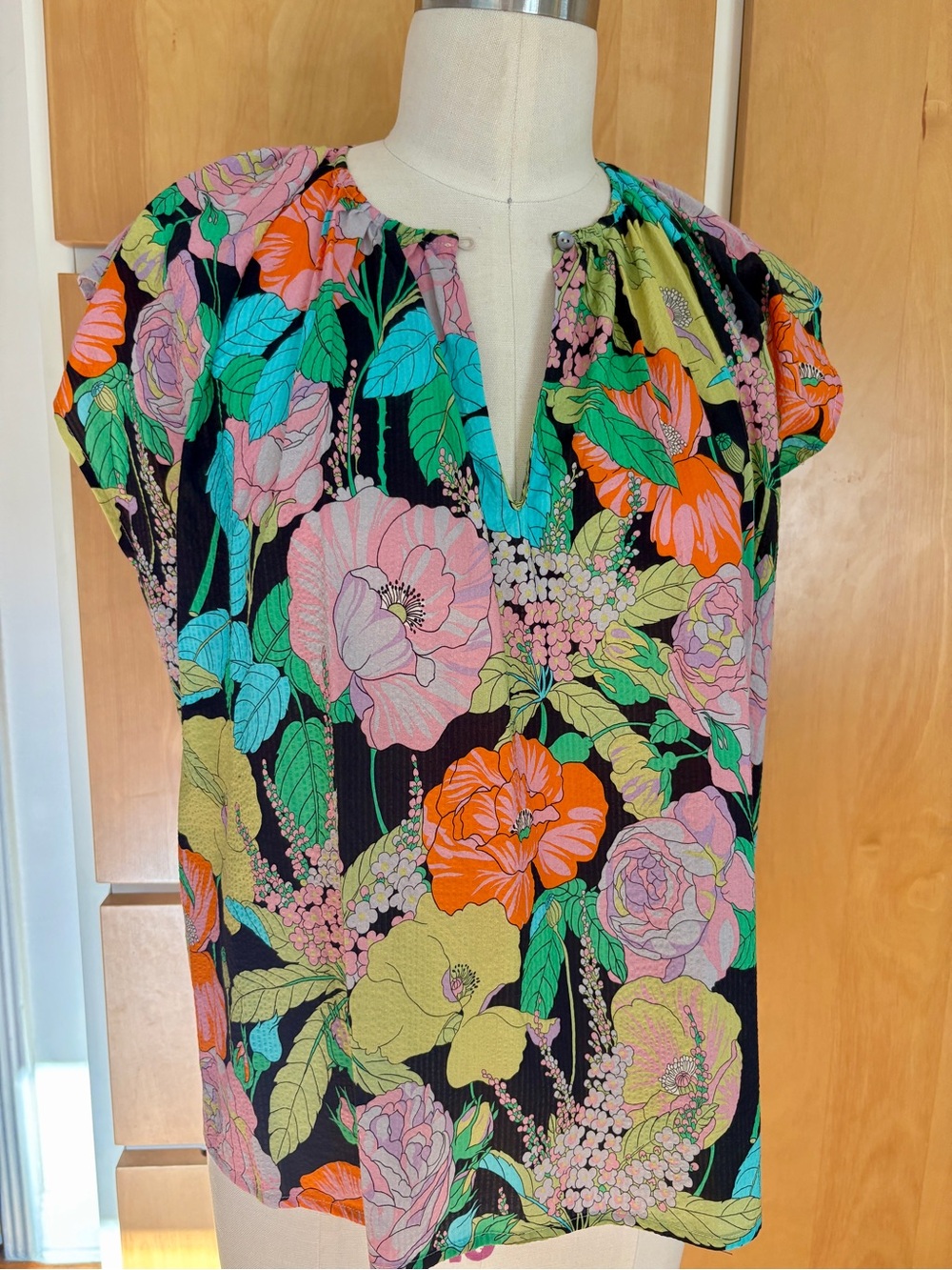 Woven Floral Button Neck Blouse - Black Multi